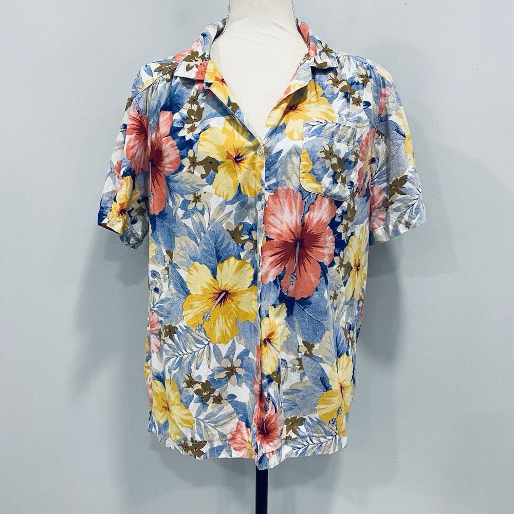 VTG Cathy Daniels XL Colorful Tropical Floral Button Up Resort Blouse Hawaiian